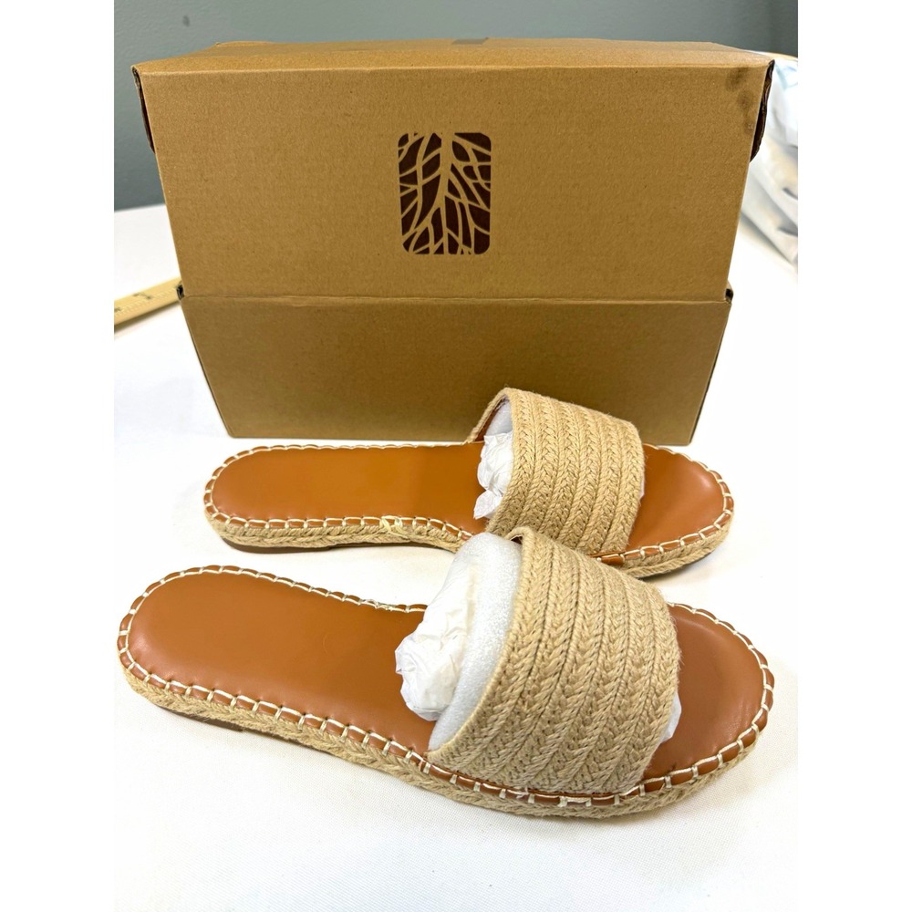 Womens Beige Braided Straw Slide Sandals Boho Slip On Casual US Size 8